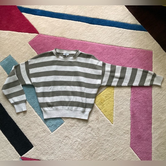 Brunello Cucinelli Olive Green Cream Striped Ribbed Cotton Sweater Monili XXS - Picture 2 of 9